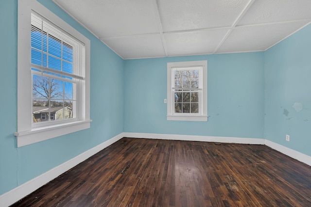 spare room featuring a healthy amount of sunlight, wood-type flooring, and baseboards