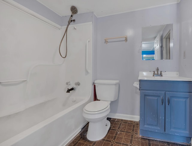 full bath featuring shower / tub combination, vanity, toilet, and baseboards