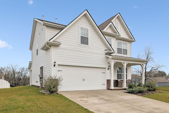 traditional-style home with a porch, an attached garage, brick siding, concrete driveway, and a front lawn