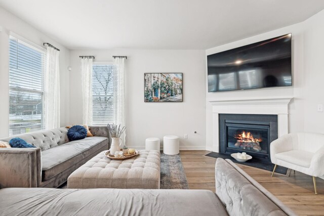 living room with a fireplace with flush hearth, baseboards, and wood finished floors