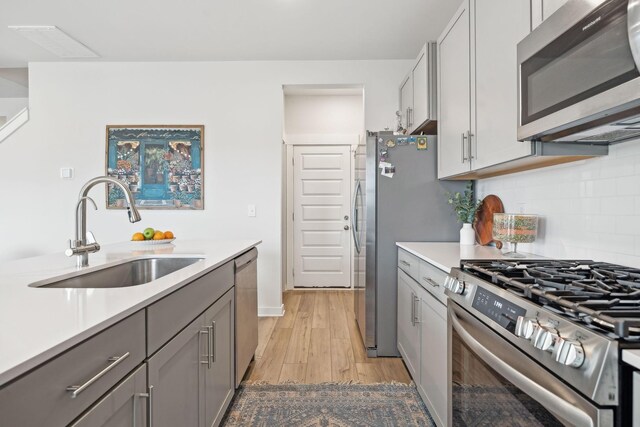 kitchen featuring appliances with stainless steel finishes, gray cabinets, a sink, and decorative backsplash