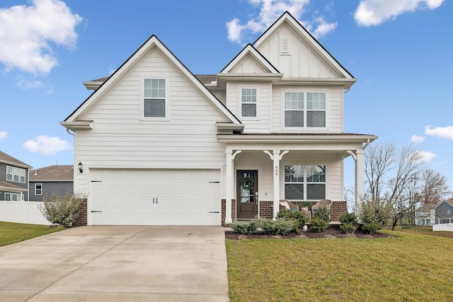 craftsman-style home featuring brick siding, a porch, an attached garage, board and batten siding, and a front lawn