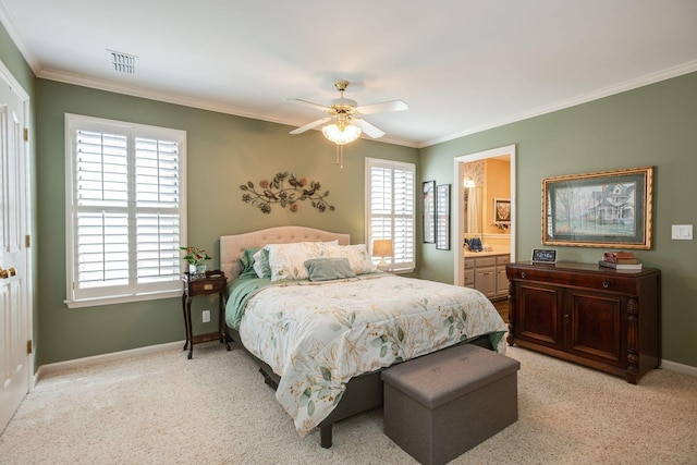 bedroom with light carpet, visible vents, crown molding, and baseboards