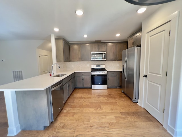 kitchen featuring light wood-style flooring, appliances with stainless steel finishes, tasteful backsplash, and a sink