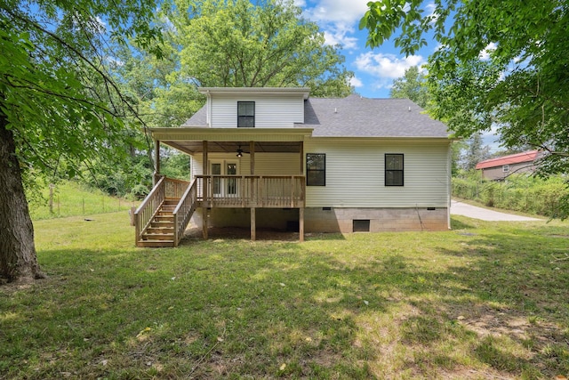 962 Belmont Rd, Clarksville, TN 37040 - rear view of property with crawl space, stairway, a yard, ceiling fan, and a deck