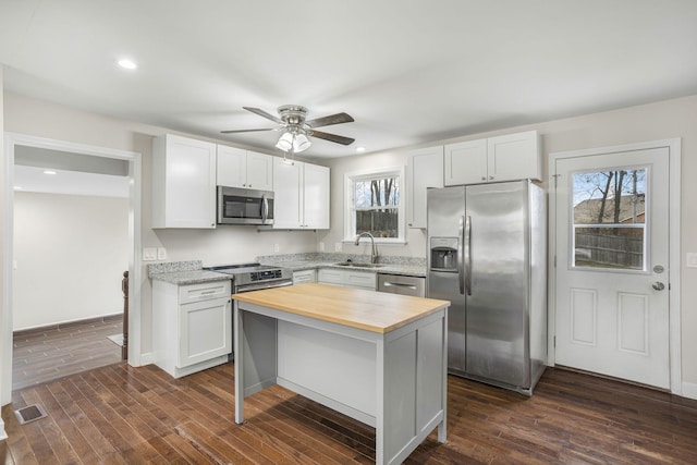 kitchen featuring stainless steel appliances, butcher block counters, a sink, visible vents, and dark wood-style floors