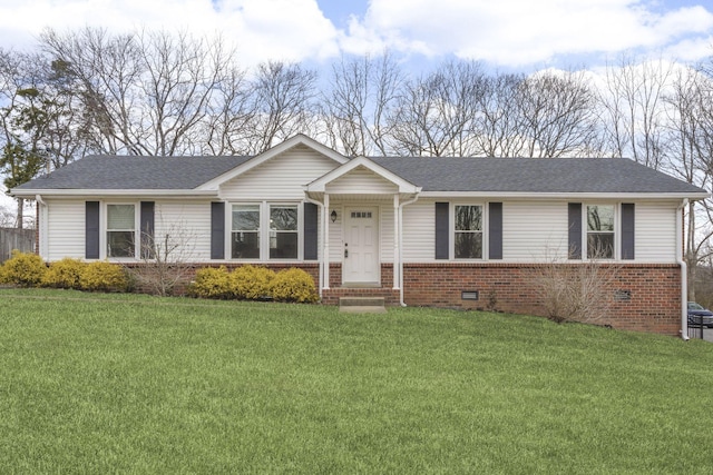 single story home with crawl space, brick siding, a front lawn, and roof with shingles