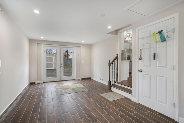 foyer entrance featuring recessed lighting, french doors, and wood finish floors