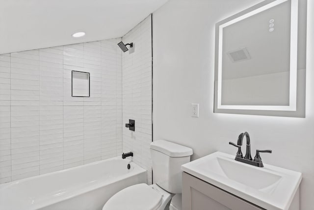 bathroom with vanity, toilet, recessed lighting, and shower / bath combination