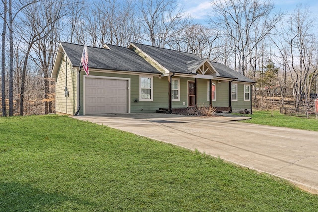 ranch-style home featuring a shingled roof, concrete driveway, covered porch, a front yard, and a garage