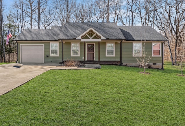 ranch-style house featuring a front lawn, driveway, roof with shingles, an attached garage, and crawl space