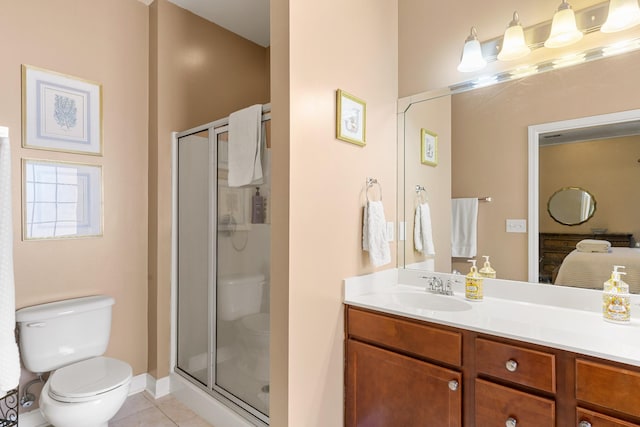 bathroom with toilet, a stall shower, vanity, ensuite bath, and tile patterned floors