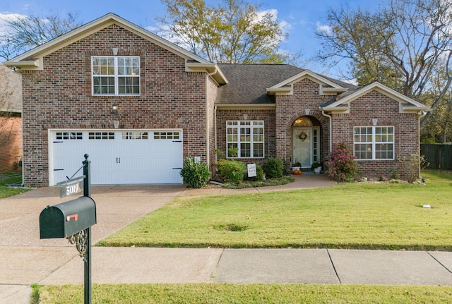 traditional home with an attached garage, brick siding, driveway, roof with shingles, and a front yard