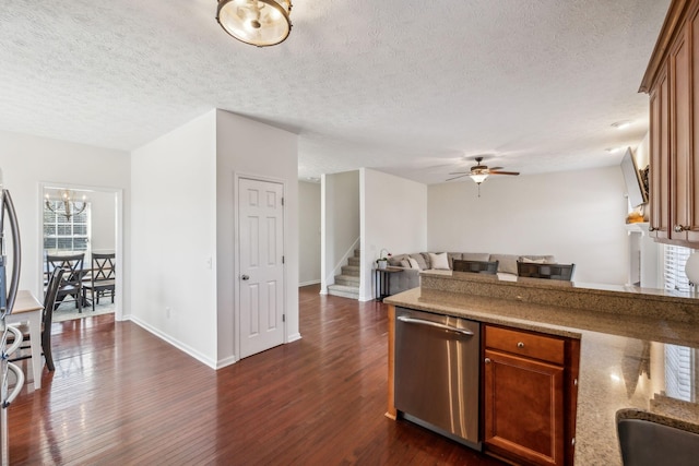 kitchen with brown cabinetry, dark wood-style floors, a peninsula, and stainless steel dishwasher