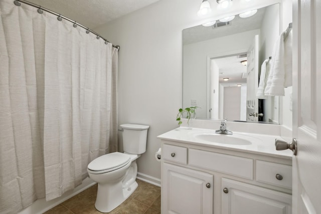 full bath featuring visible vents, baseboards, toilet, tile patterned floors, and vanity