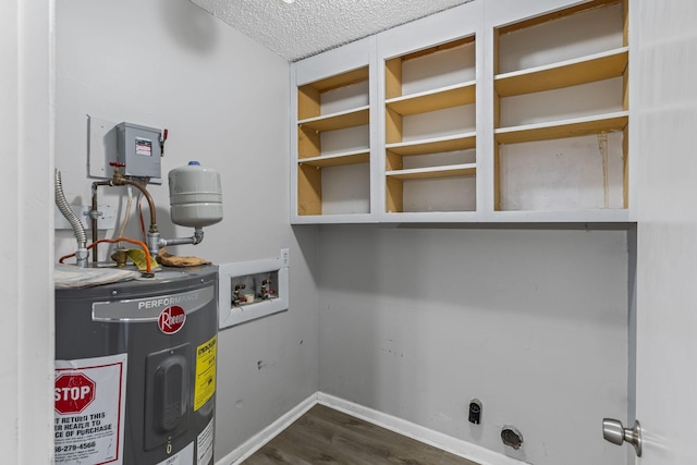 laundry area with a textured ceiling, laundry area, washer hookup, water heater, and electric dryer hookup