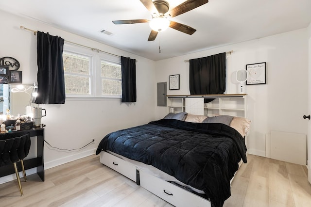 bedroom with light wood-style floors, electric panel, visible vents, and baseboards