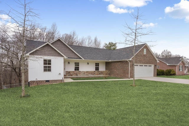 ranch-style house featuring crawl space, an attached garage, driveway, and a front yard