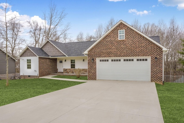 view of front facade with a front yard, roof with shingles, a garage, crawl space, and driveway