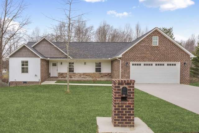 view of front of property with a front lawn, an attached garage, driveway, and crawl space