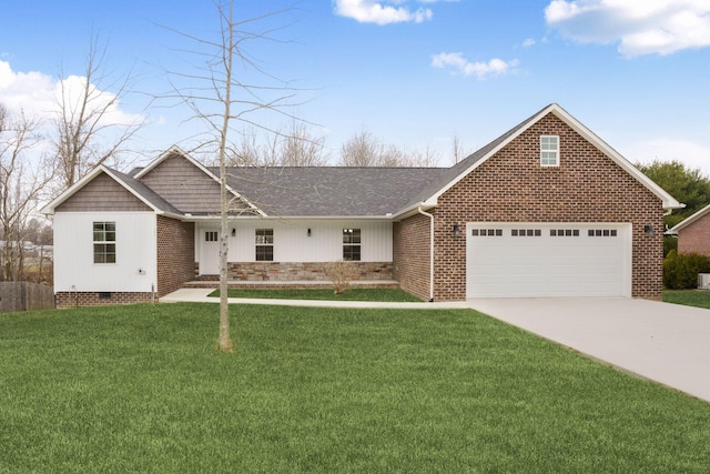 view of front of house featuring brick siding, a front lawn, concrete driveway, a garage, and crawl space