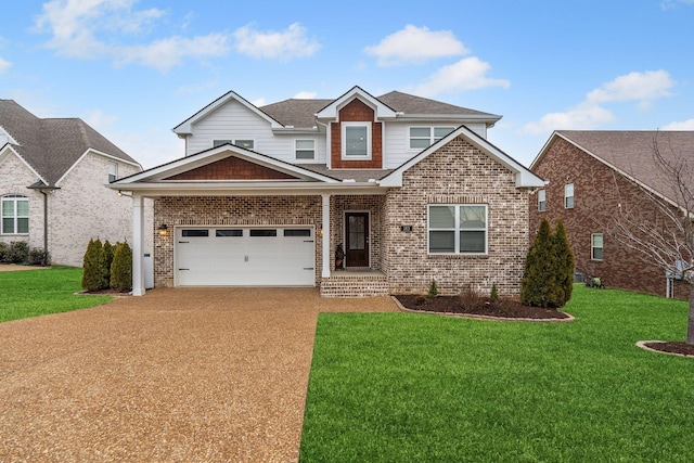 view of front of home with a front yard, brick siding, an attached garage, and driveway