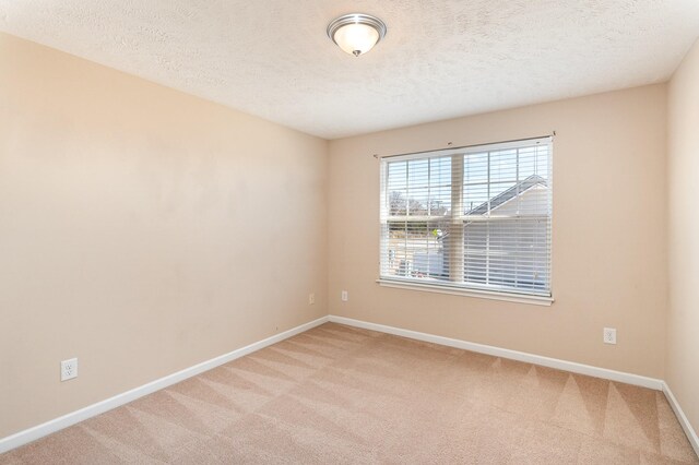 empty room with light colored carpet, a textured ceiling, and baseboards