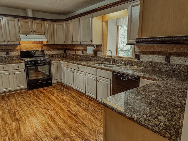 kitchen with wood finished floors, a sink, black appliances, under cabinet range hood, and tasteful backsplash