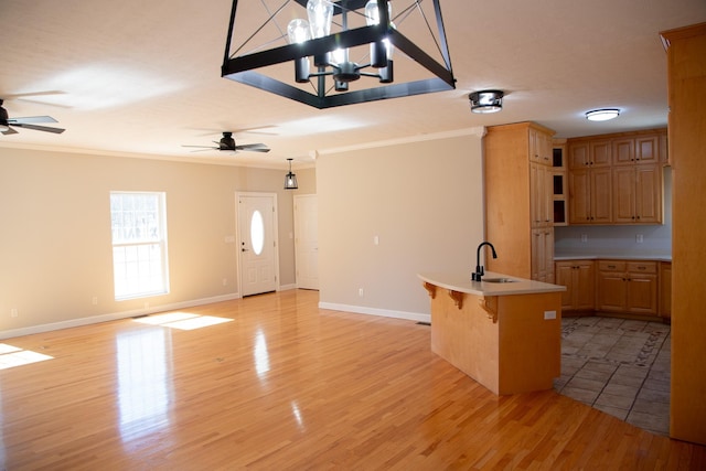 kitchen featuring a sink, a kitchen bar, light wood-type flooring, and crown molding