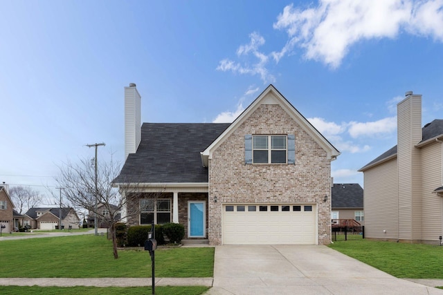 view of front facade with a garage, a front yard, brick siding, and driveway