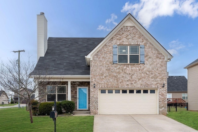 traditional-style home with a garage, concrete driveway, a chimney, a front lawn, and brick siding