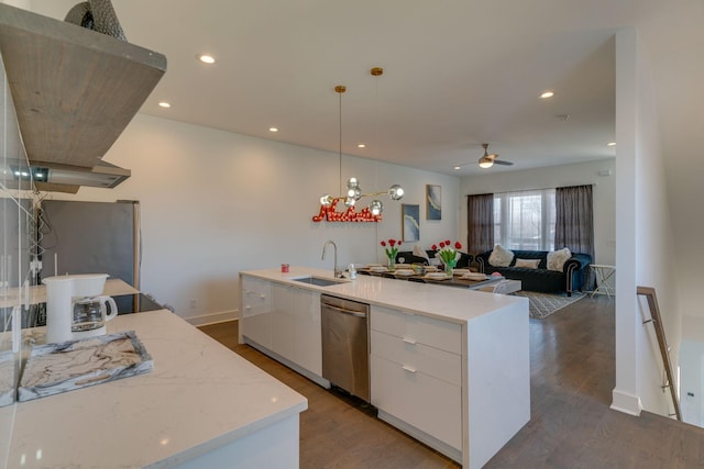 kitchen with a sink, white cabinets, appliances with stainless steel finishes, modern cabinets, and dark wood finished floors