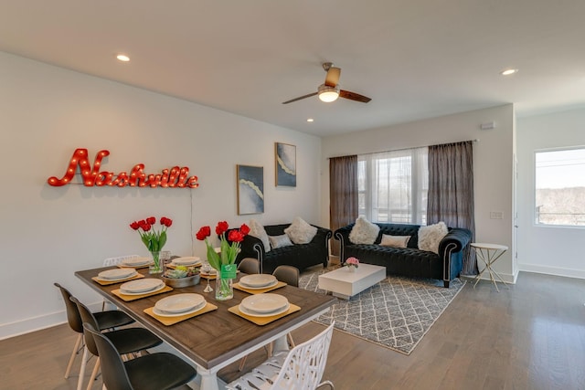 dining room featuring recessed lighting, dark wood finished floors, and baseboards