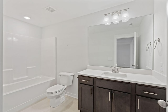 full bathroom featuring shower / washtub combination, visible vents, toilet, vanity, and baseboards