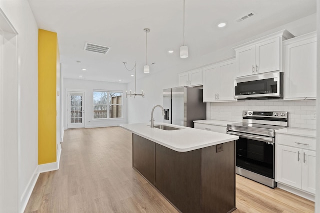 kitchen featuring appliances with stainless steel finishes, visible vents, a sink, and backsplash