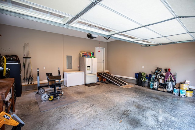 garage with electric panel, fridge, white fridge with ice dispenser, and a garage door opener