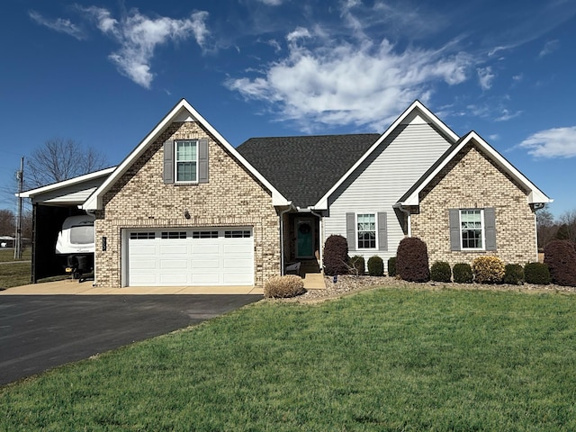 view of front of home with driveway, a garage, a front lawn, a carport, and brick siding