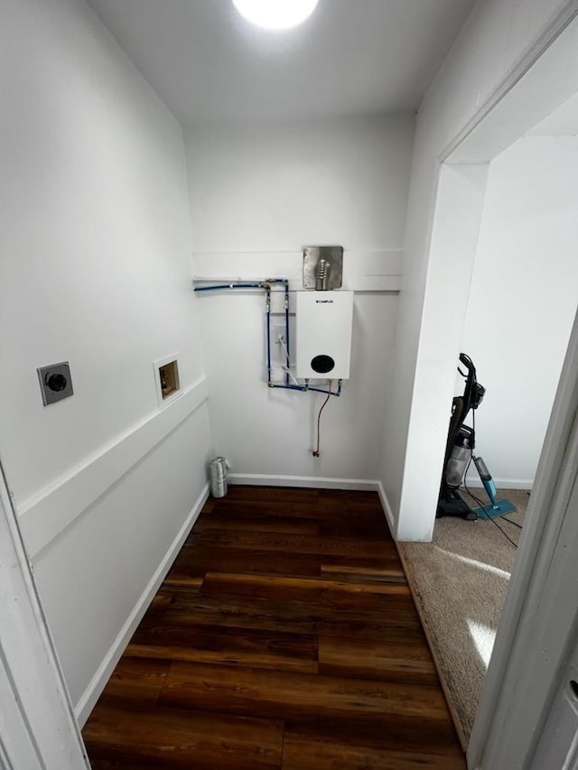 laundry area with washer hookup, hookup for an electric dryer, wood finished floors, laundry area, and baseboards