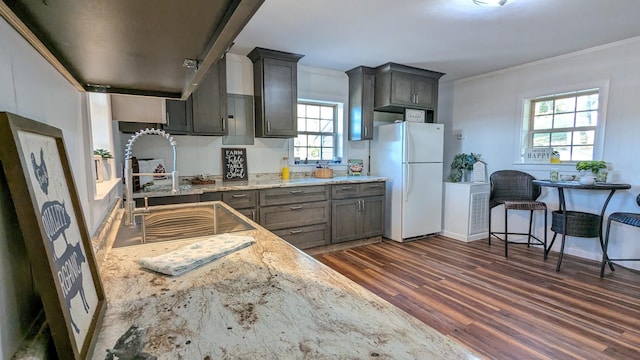 kitchen with a sink, freestanding refrigerator, light stone countertops, dark wood-style floors, and crown molding