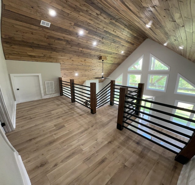 bonus room featuring vaulted ceiling, wood finished floors, plenty of natural light, wood ceiling, and visible vents