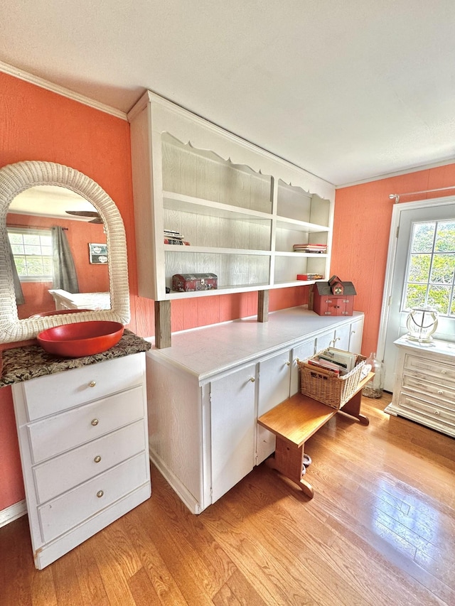 office area featuring ornamental molding and hardwood / wood-style flooring