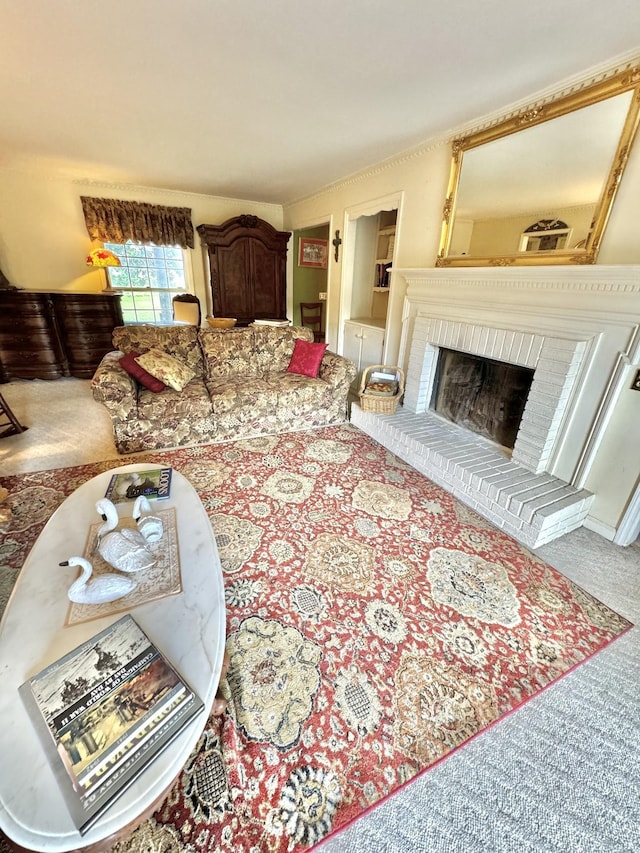 carpeted living room featuring a fireplace