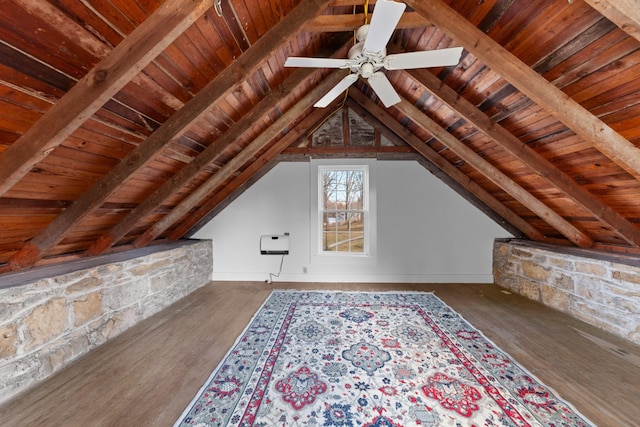 bonus room with lofted ceiling with beams, heating unit, and wood ceiling