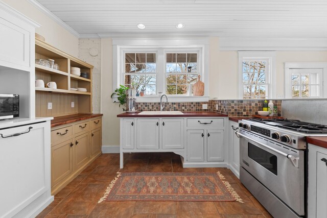 kitchen with decorative backsplash, ornamental molding, appliances with stainless steel finishes, and a sink