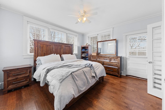 bedroom with multiple windows, dark wood-type flooring, ceiling fan, and crown molding