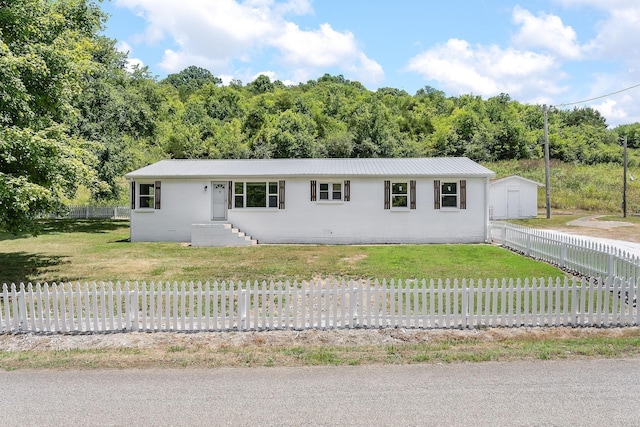 ranch-style home featuring crawl space, fence private yard, a front lawn, and metal roof