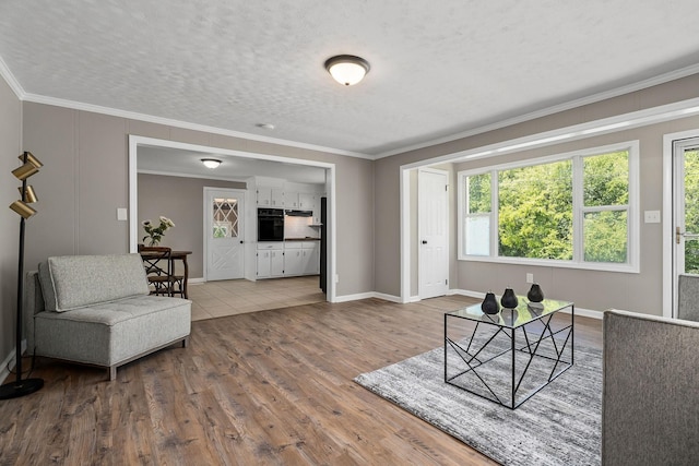 living area featuring baseboards, a textured ceiling, wood finished floors, and ornamental molding