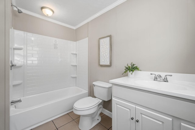 bathroom featuring tile patterned flooring, crown molding, toilet, bathtub / shower combination, and vanity