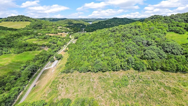 drone / aerial view with a mountain view and a wooded view