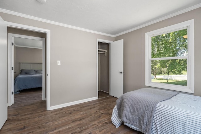 bedroom with baseboards, dark wood-style floors, a closet, and ornamental molding